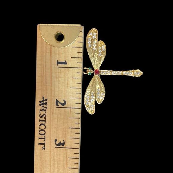 Gold-Tone Dragonfly Brooch With Sparkling Rhinestones & Red/Green Accents - Picture 5 of 5